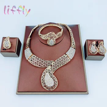 

Liffly Nigeria Party Fashion Jewelry Sets Big Water Drop Necklace Bracelet Earrings Ring Wedding Bridal Crystal Jewelry Set