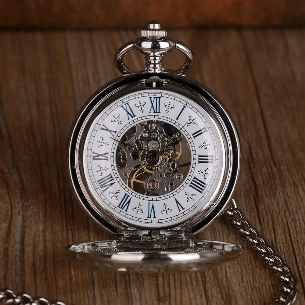 Антикварные серебряные полые карманные часы с оленем и скелетом Механические карманные часы с римскими цифрами ручной обмотки Брелок с цепочкой подарок для мужчин и женщин