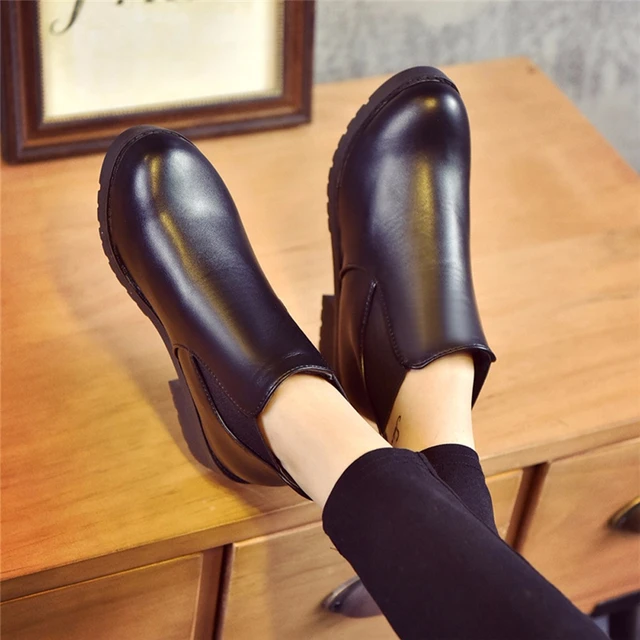 Women Boots Black Retro Chelsea Ankle Boots Women 2019 Western Leather Low Flat Non-Slip Women’S Boots Winter In Ankle Boots 6#5
