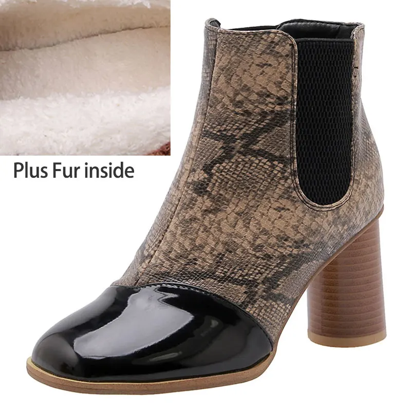 Plus Fur Yellow Sgesvier с модным принтом из кожи ПУ, с рисунком под змеиную кожу; обувь «Челси» для женщин круглый Обувь на высоком каблуке в стиле пэчворк эластичная обувь с заниженной передней частью; сапожки; Дамская G710 - Цвет: Plus Fur Yellow