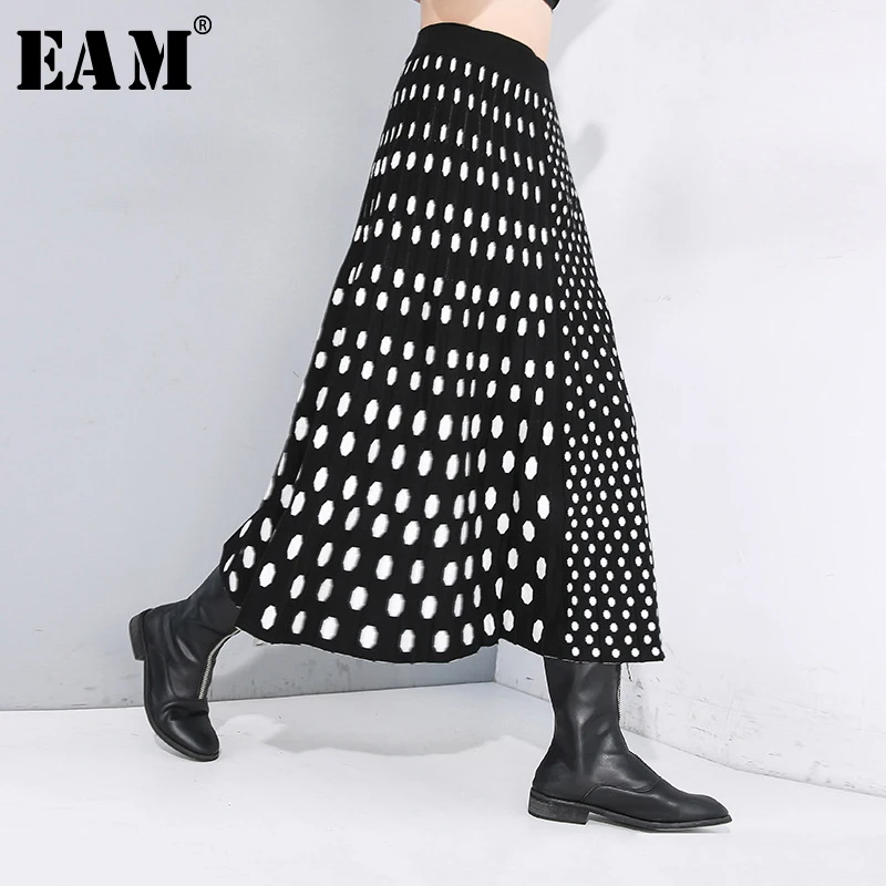 [EAM] трикотажная плиссированная юбка с высокой эластичной талией и принтом в черный горошек, женская модная одежда, Новинка весна-осень, 1N492