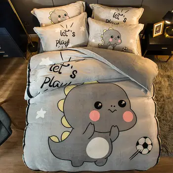 

Naughty dinosaur Bedding Set Flannel Bed Set Cartoon gray Duvet Cover Set soft Bed Sheet Pillowcases Twin Queen size