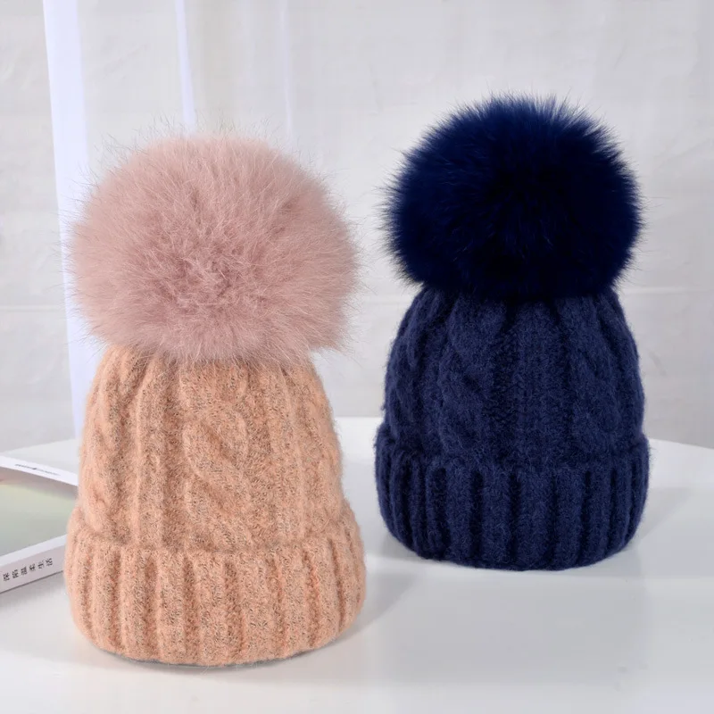 

Hat Women's Winter ma hua wen Wool Blended Knitted Hat South Korea Trend Parent And Child Children Fox Fur Ball Wool Cap