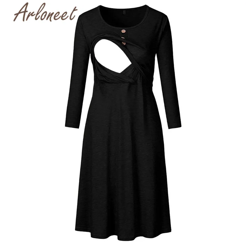 ARLONEET Pregnant Clothes Women Maternity Dresses Long Sleeve Dress Cotton Button Knee Length Dresses Winter Ladies Vestidos