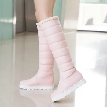 

Winter Warm Knee High Boots Women Platform Wedges High Heels Snow Boots Slip On Winter Ladies Shoes White Black Pink