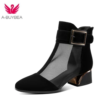 

Summer Women's Boots Kid Suede Square Toe Strange Style Ankle Boots 2020 New Size 33-40 Fashion Metal Decoration Women Shoes