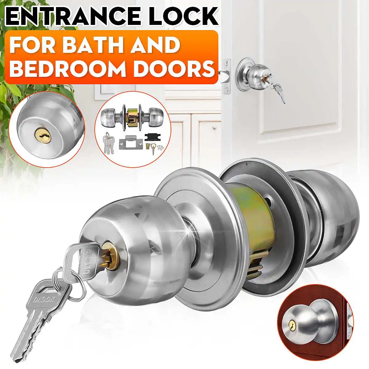 Stainless Steel Entrance Round Internal Door Lock Entrance Passage Entry Keyed Door Knobs Handle 3 Keys Bedroom Bathroom afbeelding