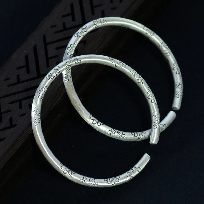 

S999 Pure Silver shou gong yin Retro Dull Polish Decorative Pattern Flower Adjustable Bracelet Women's Solid Ethnic-Style