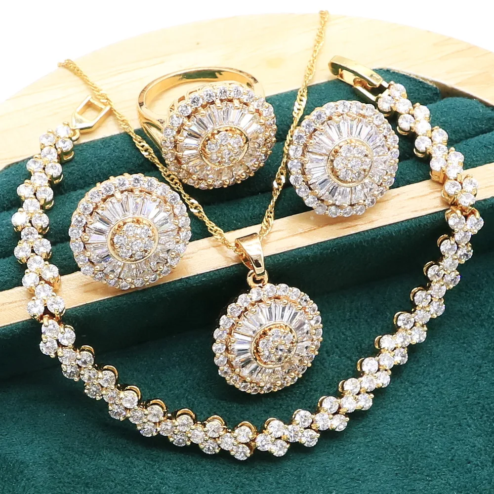 Jewelry Set Women Gold Color Wedding White Red Crystal Bracelet Earrings Necklace Pendant Ring Christmas Gift