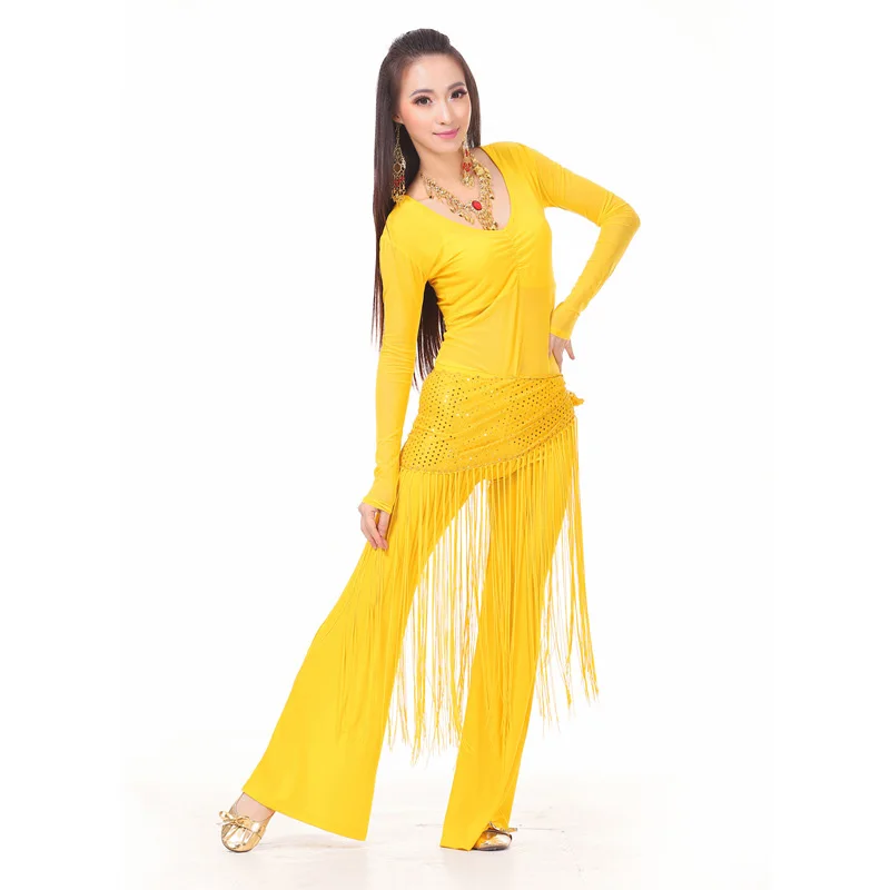 Yellow Костюм для танца живота, набор для занятий танцами, топ+ штаны+ набедренный шарф, индийский танец, женский танец живота, профессиональная танцевальная одежда - Цвет: Yellow