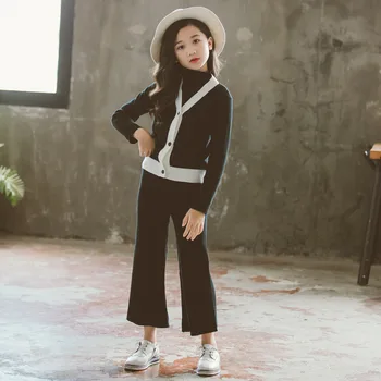 

Teen Girls' Sweater Set Two-Piece Graceful Autumn Winter Korean-Style Black Knitting Suits for size 10 12 14 years