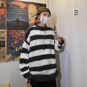 

Sweater Men's Loose Striped Long-sleeved Round Neck Sweater Autumn and Winter Thick Korean Style Trend Lazy Style Pullover Top