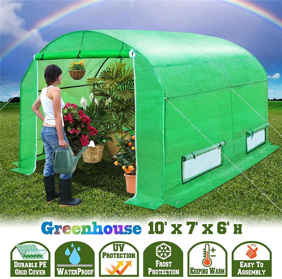 AULAYSED тоннель теплицы 10' X7'X6' большой изоляционный Садовый дом Прочный 2 двери большая птица борьба с вредителями с железной подставкой