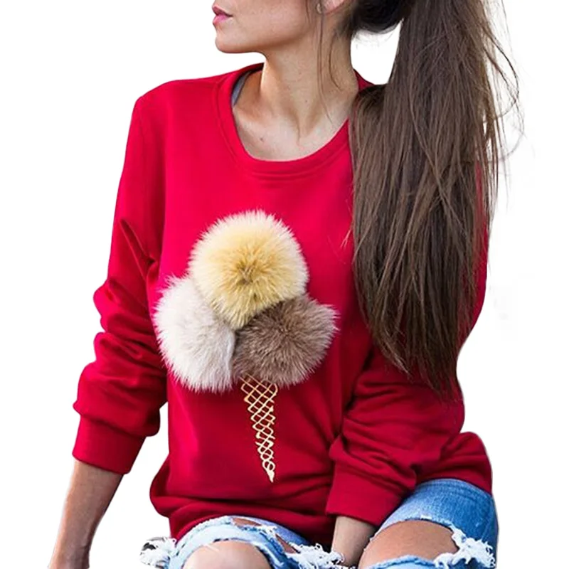 

Sweaters Women Cute Hair Ball Decoration Pullovers Tops Ladies Ice Cream Cone Embroidery Sweaters O-Neck Long Sleeve Sweater