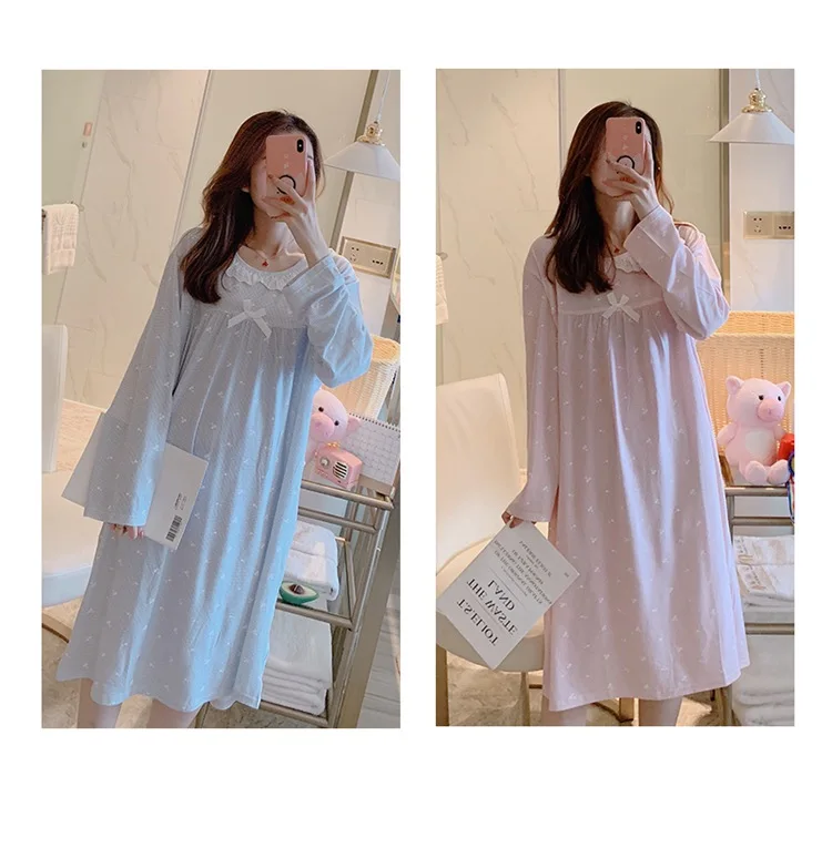 Spring Autumn Casual Plaid Cotton Nightgowns for Women Long Sleeve Loose Night Dress Home Dress Sleepwear Nightdress Nighty