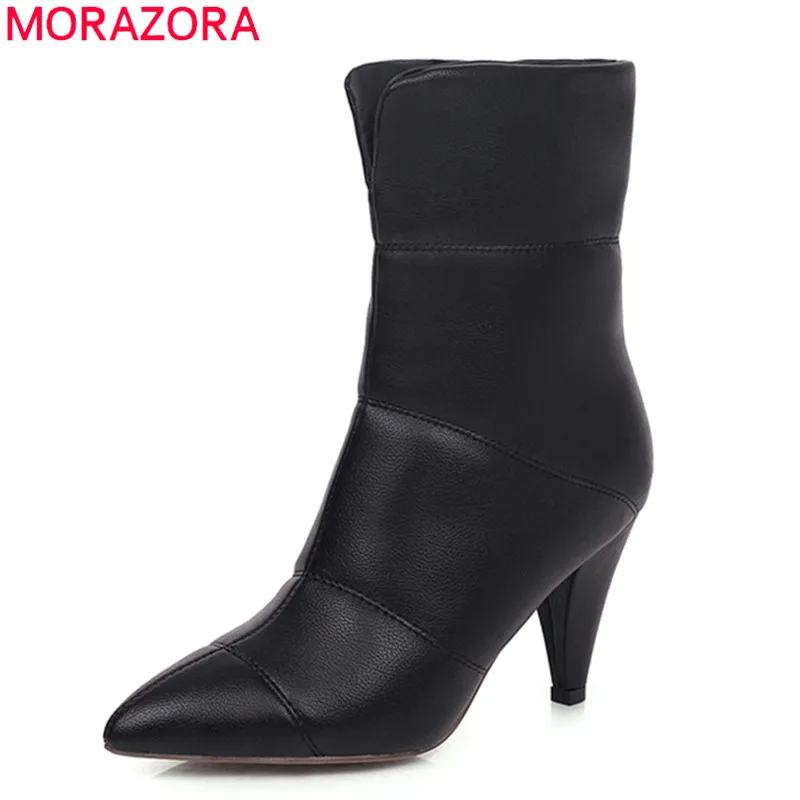 

MORAZORA 2020 Big size 34-43 winter ankle boots pointed toe high heels ladies shoes soft leather black white women boots