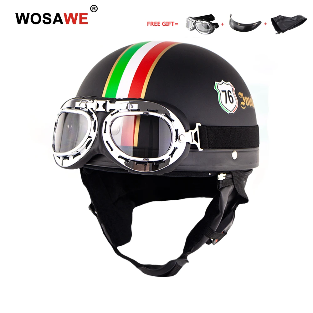 

WOSAWE Motorcycle Half Helmet with Goggles Visor Open Face Army Skull Cap Vintage Removable Earmuff External Safety Hard Hat