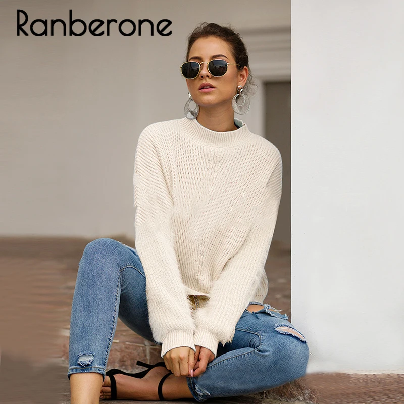Ranberone Wome Knitted Sweaters Pullovers Women White Blue Long Sleeve Solid Jumper Female Turtleneck Fuzzy Warm Winter Sweaters Ranberone Wome Knitted Sweaters Pullovers Women White Blue Long Sleeve Solid Jumper Female Turtleneck Fuzzy Warm Winter Sweaters