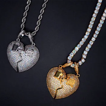 

Broken Love Lock Key Pendant Necklace Fashion Jewelry Ice Chain Love Collar Cubic Zircon Pendant Necklace Hip Hop Men Jewelry