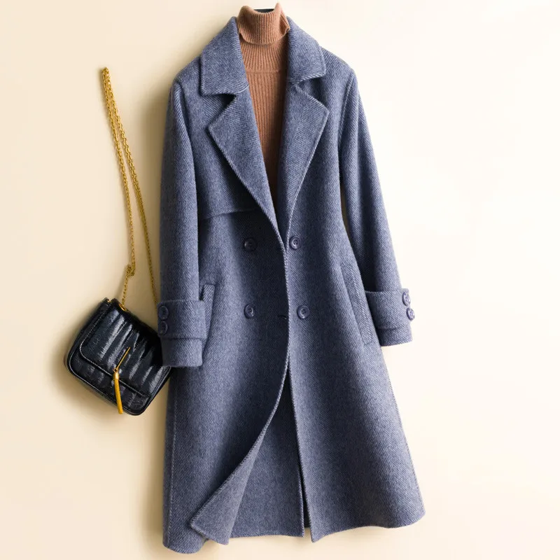 High Quality Office lady Elegant Women Suit Collar Double Breasted Long Wool Coat Female Solid Slim Woolen Jacket Outerwear