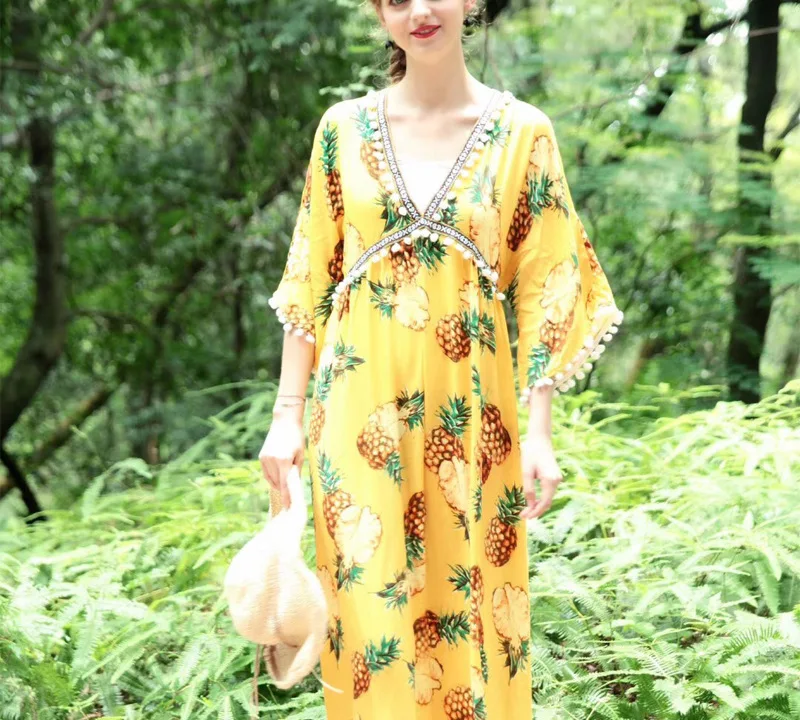 Boho шикарное женское Хлопковое платье с принтом ананаса и кисточками, Пляжное богемное платье макси, женское платье happie с v-образным вырезом, Vestidos