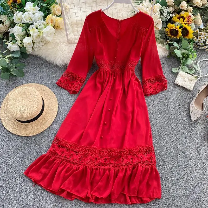Foamlina Women White Dress New Sexy V Neck 3/4 Sleeve Floral Lace Patchwork Hollow Out Waist A Line Midi Party Beach Dress