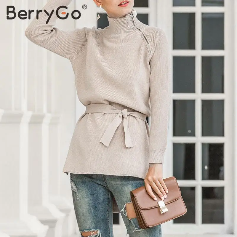 

BerryGo Elegant turtleneck bow tie sweater women Zipper neck autumn winter female pullover sweater Office ladies knitted jumper