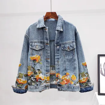 

Harajuku Short Denim Jacket Women Autumn New Fashion Embroidery Jeans Jacket Loose Washed Blue Long sleeve Jeans Coat Streetwear