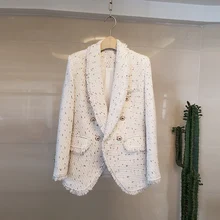 Pasarela Otoño e Invierno de lujo cuello vuelto Tweed pequeña fragancia abrigo de cuello redondo de doble pecho chaqueta femenina