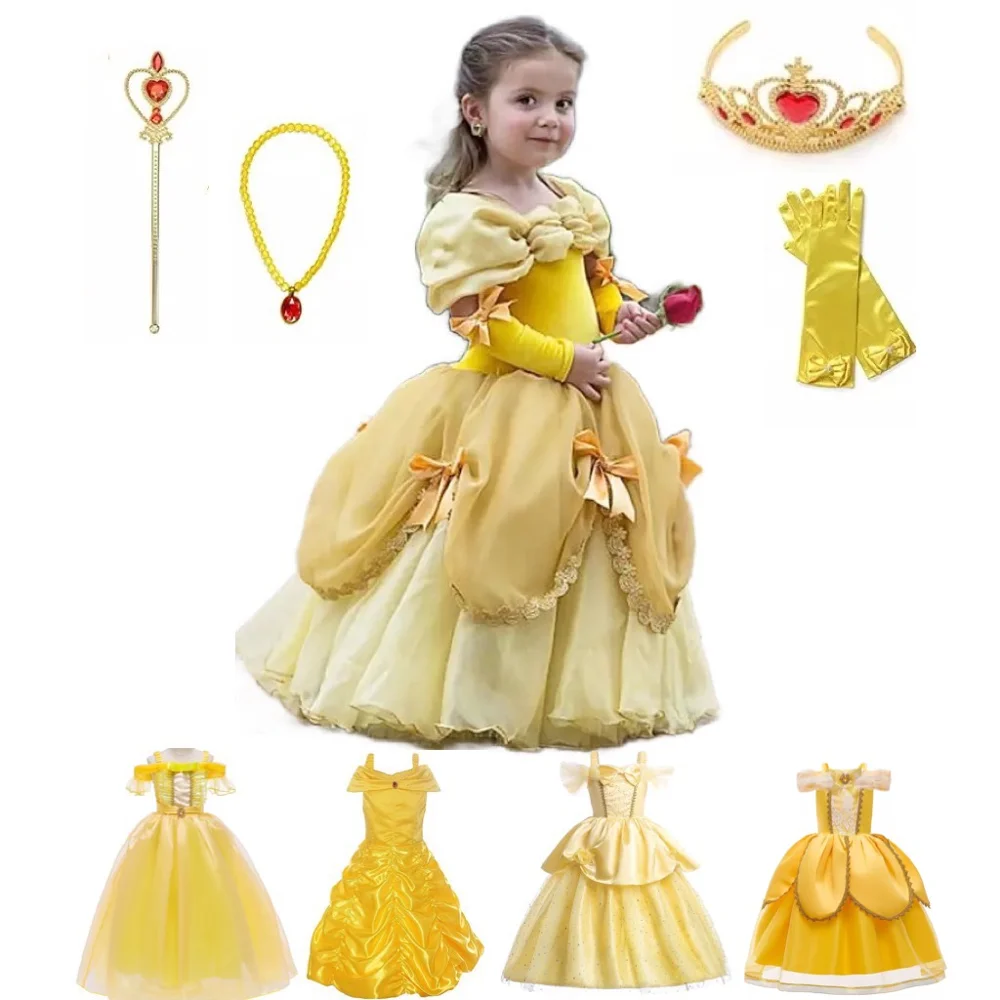 Dresses discount Princess Belle Dress for Girl Kids Floral Ball Gown Child Cosplay Bella Beauty and The Beast Costume Fancy Party dresses blue