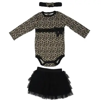 

Baby girls 3pcs sets:long sleeved rompers + tutu skirt dress+headband Autumn girls leopard kids clothing sets-12M