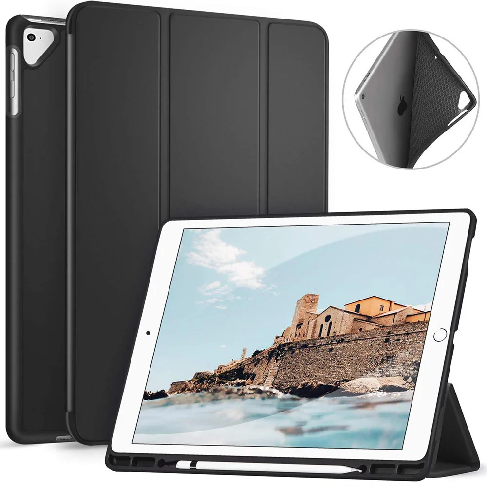 Ztotop чехол Чехол для iPad Pro 12,9 дюйма / с карандашом держатель-легкий мягкий ТПУ задняя крышка и трехслойная подставка с авто - Цвет: Black