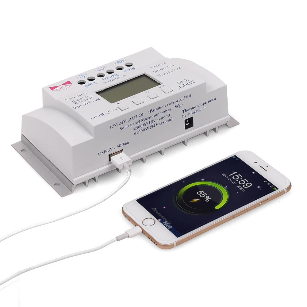

MPPT40A PWM Dual Timer Control Solar Controller LCD Display Home Charge Regulator Auto USB Port High Efficiency Intelligent