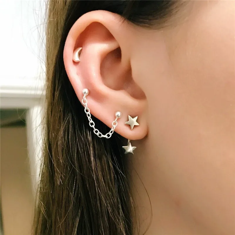 

1Set European Chain Earring For Women Geometric Silver Color Star Moon Big Earring Personality Party Earring Set E263