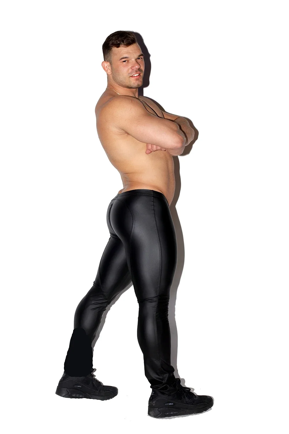 Faux Leather Men Night Club DS Tight Trousres Erotic Costume Lingerie Sexy Zipper Open Penis Pouch Elastic Waist Long Pants