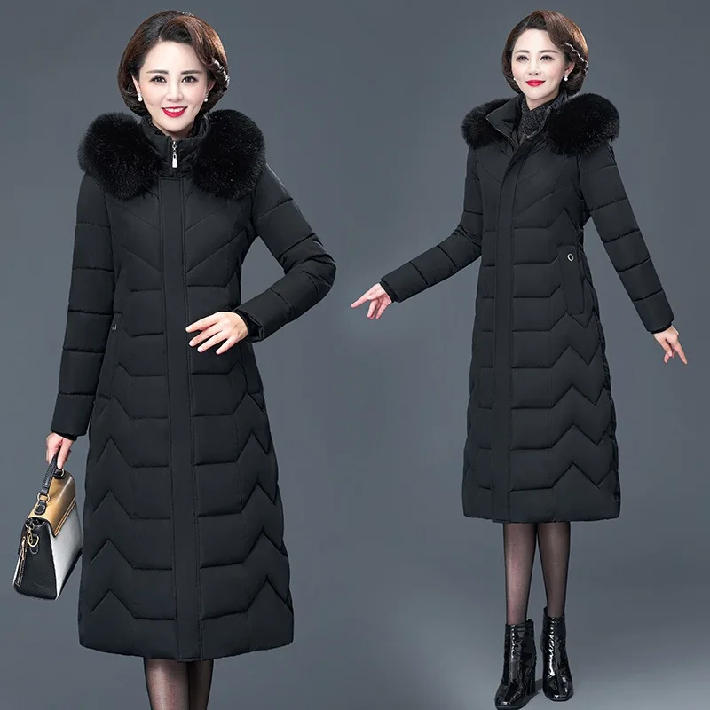 Middle-aged WOMEN'S Apparels Long down Jacket Cotton-padded Clothes Middle-aged Women Dress Extra-large Thick Long over-the-Knee