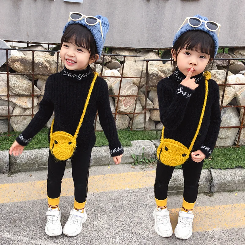 

2019 New Style CHILDREN'S Sweater Girls Children Lettered Embroidery Base Shirt Baby Girls Western Style Faux Mink Cashmere Knit