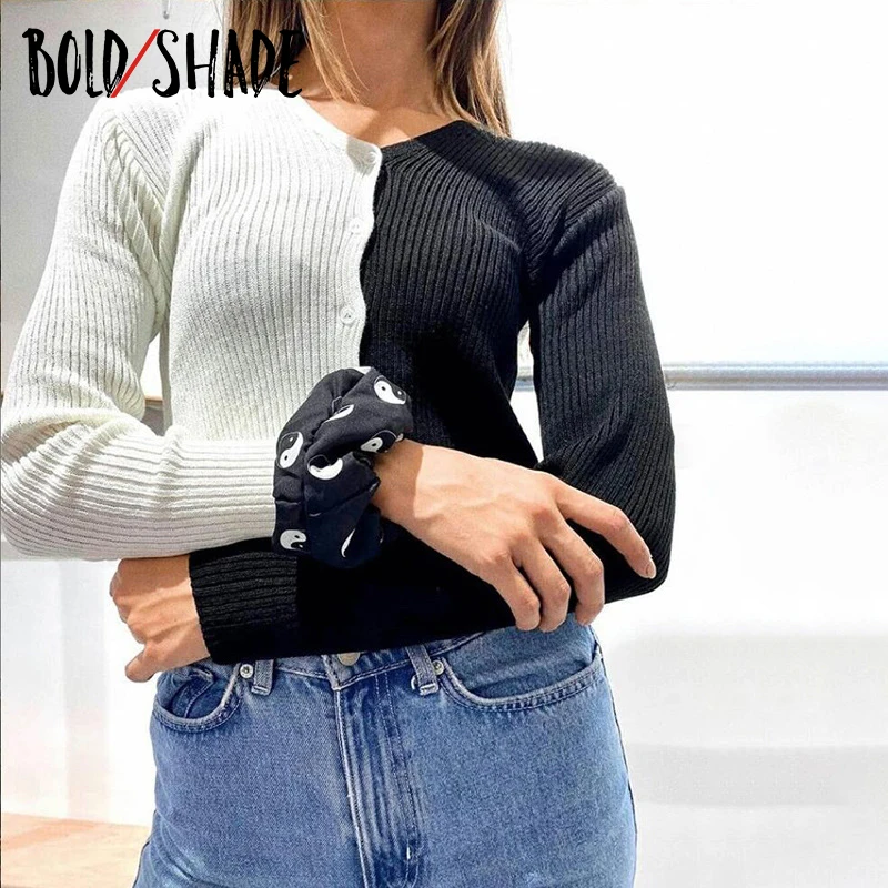

Bold Shade Y2K Streewear Vintage 90s Cardigans Knitting Patchwork V-Neck Long Sleeve Sweater Teenager Autumn 2020 Indie Outfits