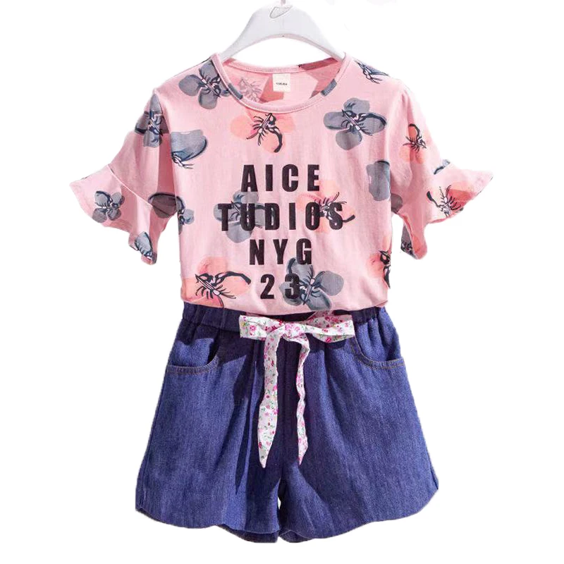

Flower Girls Clothing Set Fashion Cotton Letter T-Shirt + Short Jeans 2Pcs Suit For GIrl Children Birthday Present Kids Clothes