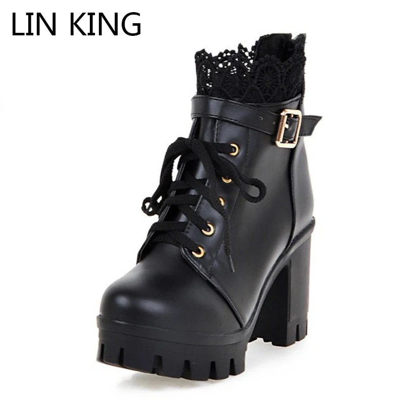 LIN KING-Botas de moto de encaje para mujer, botines sexys de talla grande en negro y blanco, zapatos de plataforma con punta redonda y hebilla Punk para exteriores