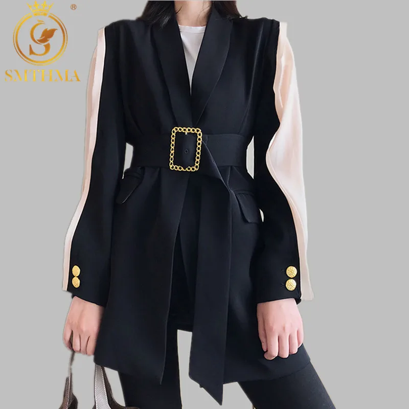 Женский Высокое качество блейзер Feminino металлический ремень с золотой пряжкой черные пиджаки для женщин модные женские куртки пальто Верхняя одежда