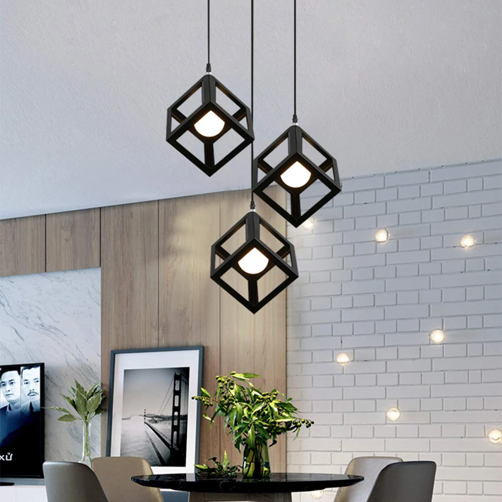 Black & White Iron Hanging Lamp 220V E27 Modern Square Pendant Light