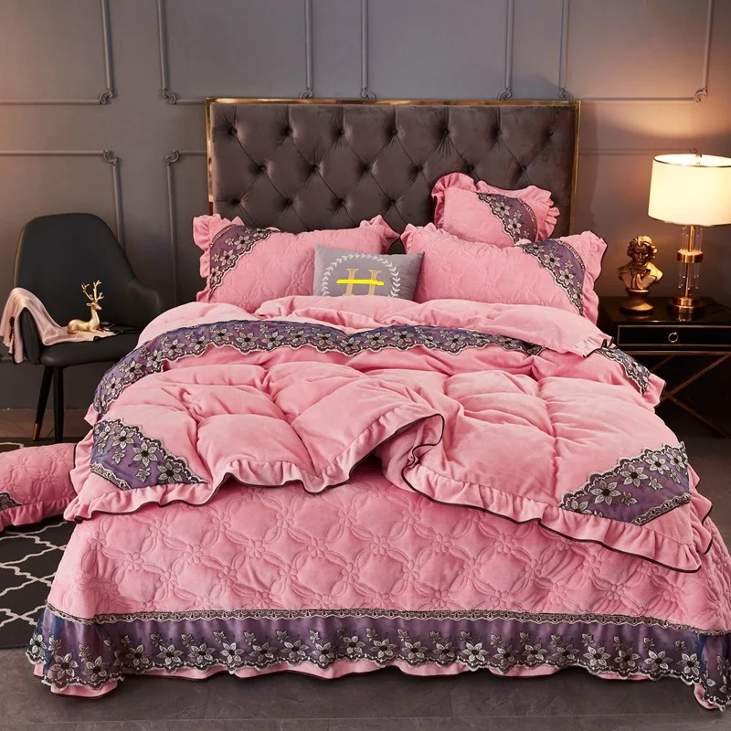 

pink lace edge thick bedspread warmth in winter Fleece Bedding Set Duvet Cover Bed Linen Fitted Sheet Pillowcases Home textiles