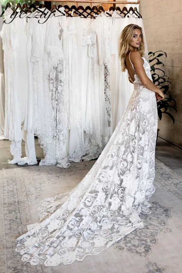 Богемное свадебное платье, сексуальное, на бретельках, с открытой спиной, с кружевной аппликацией, свадебное пляжное платье, длинное свадебное платье, Vestido Novia W171