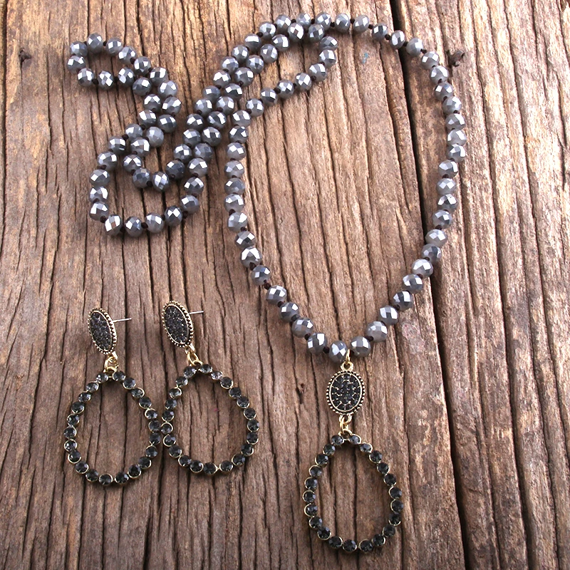 RH Fashion Boho Jewelry Set Glass Long Knotted Drop Pendant Necklace Earring Set Women Gift Dropship