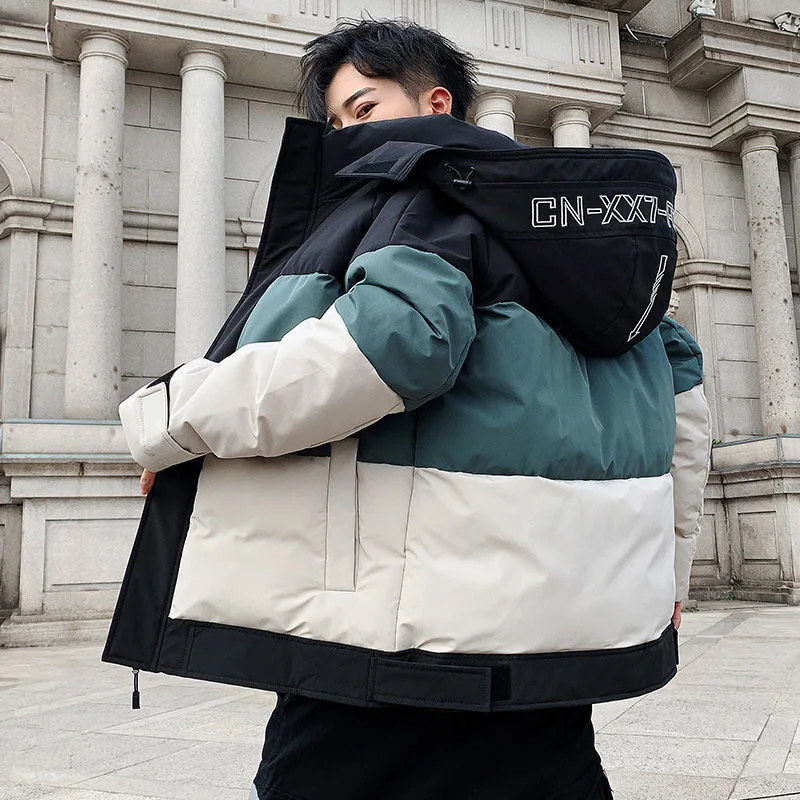 Japanese Slim Fit Removable Hooded Cotton Jacket Men's Fashion Color Block Warm Cotton Jacket Coats for Men Winter Coat Men