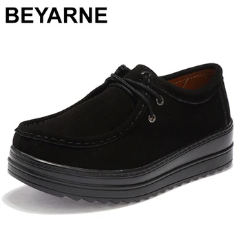 

BEYARNE Spring 2019 women's flat platform sneakers leather suede shoes woman Chaussure Femme de Creepers shoes loafers shoes for