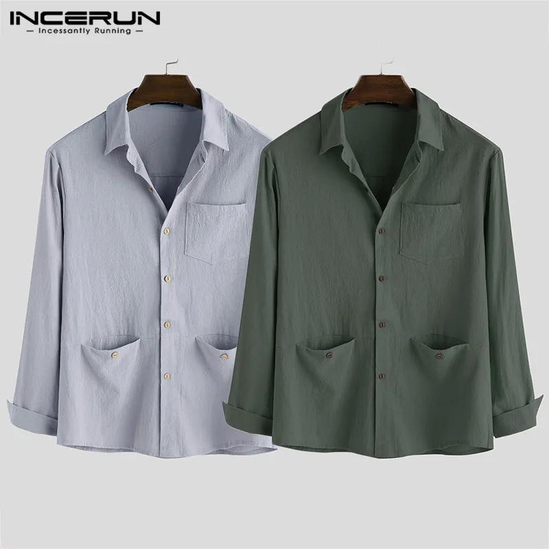 INCERUN/осенние хлопковые мужские рубашки с длинными рукавами, Однотонная рубашка с отворотом, карманы на элегантных кнопках, мужская блуза, большие размеры