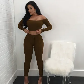 

2 Piece Set Women Sexy Slash Neck Suit Spiral Pattern Women'S Long-Sleeved Short Tops And Trousers High Elasticity Two Piece Set