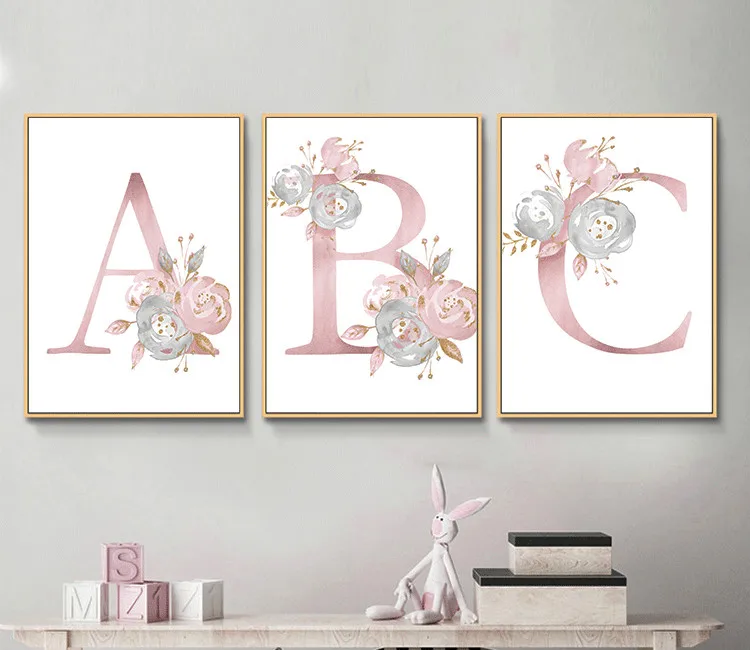 Bedroom Canvas Painting Room-Decor Pink Flower Baby Childrens Cartoon 26-English-Letters